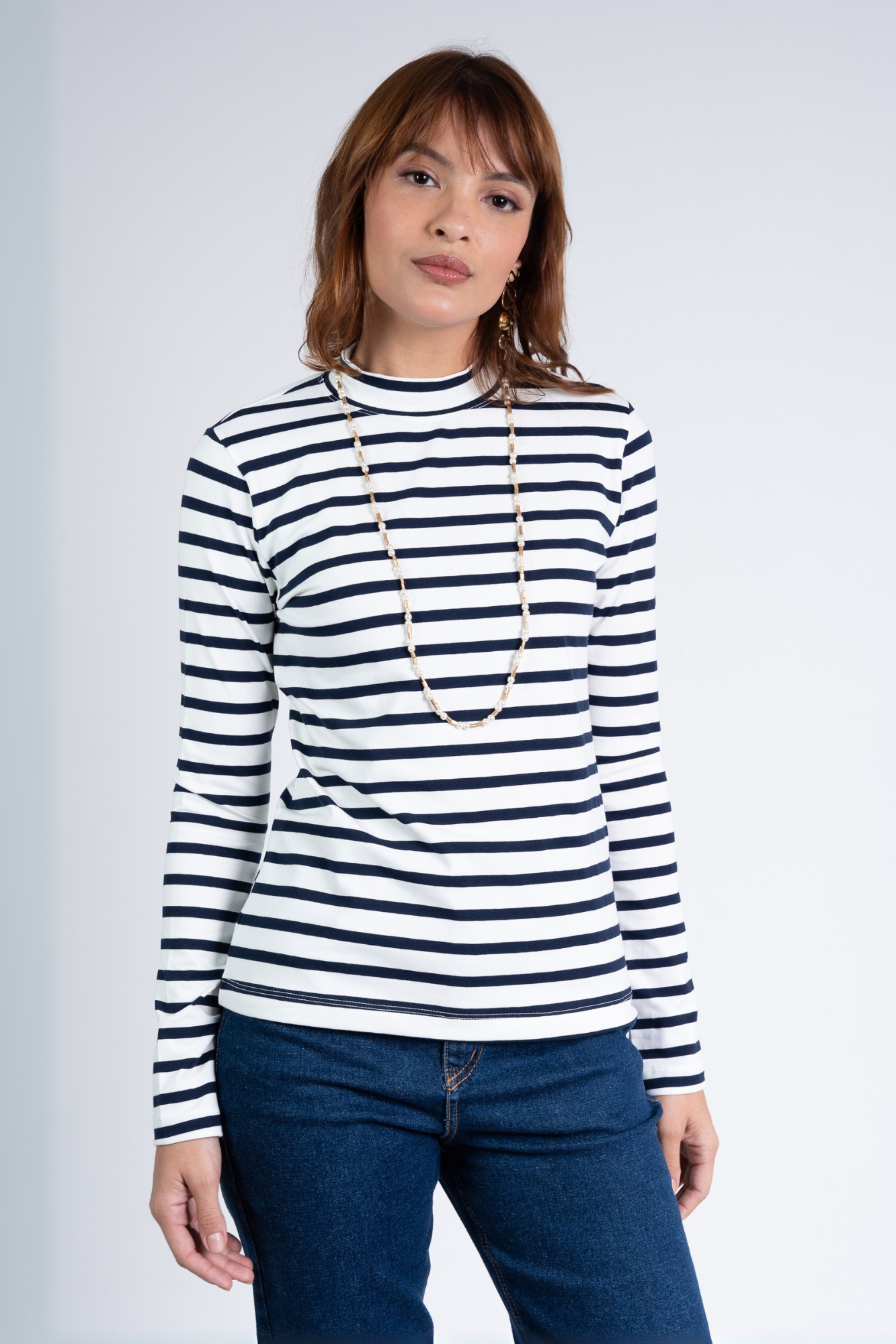 Blusa Listrada Moon Gola Média Marinho