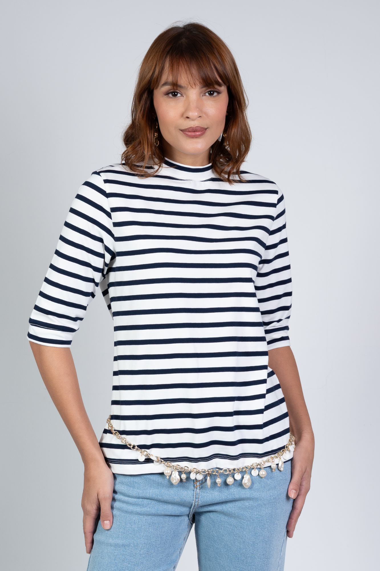 Camiseta Listrada Moon 3/4 Gola Média Marinho