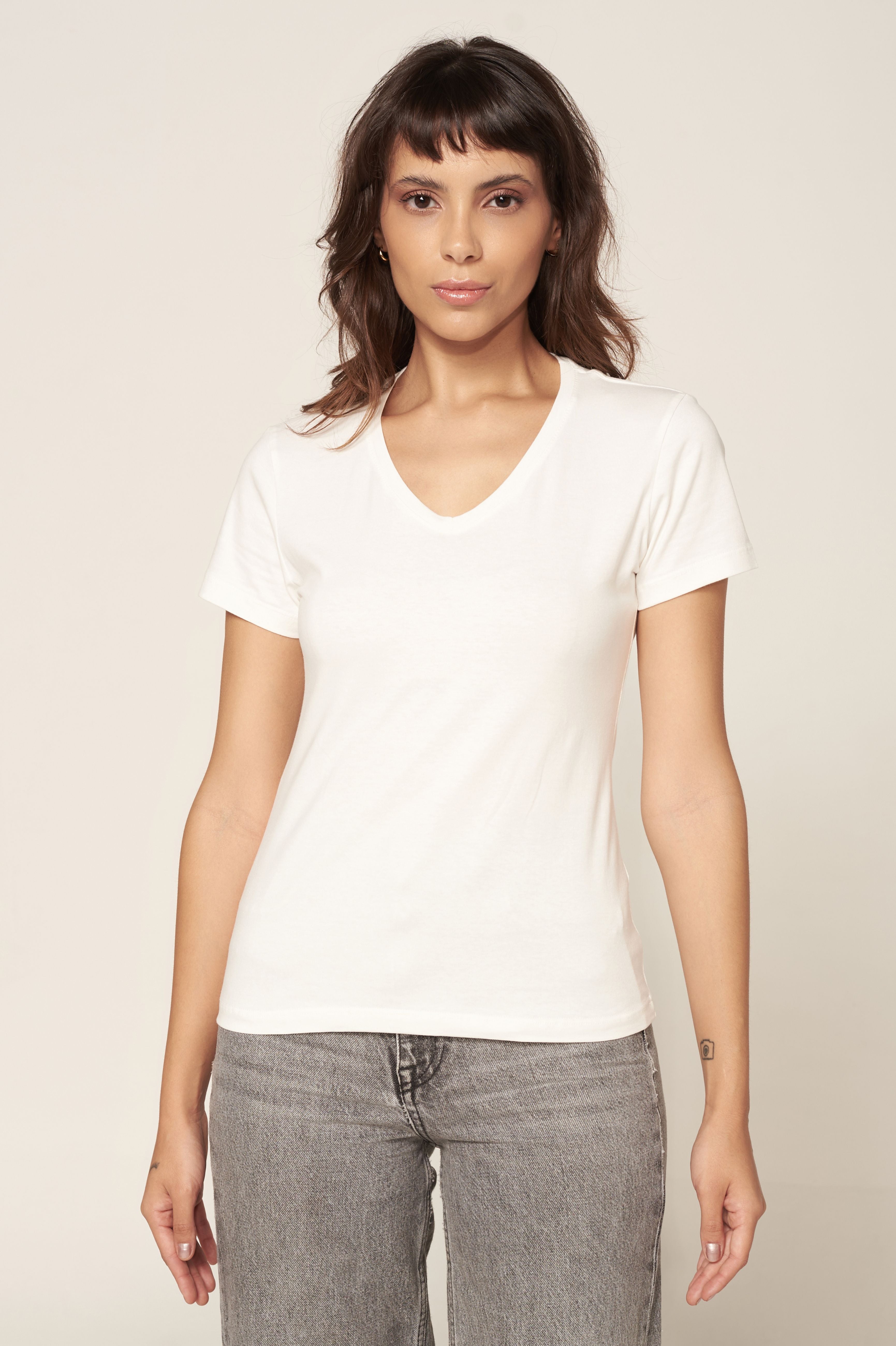 Baby Look Super Slim Algodão Egípcio Gola V Off-white
