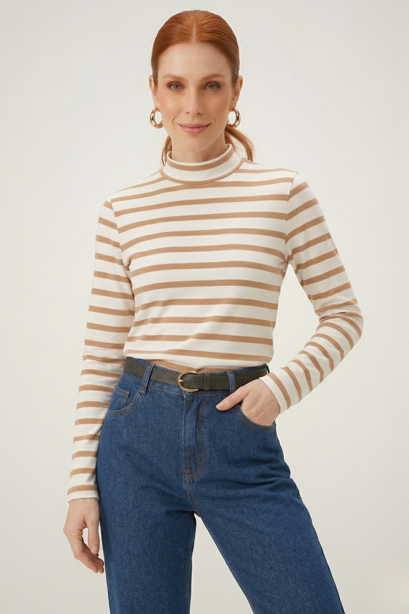 Blusa Moon Gola Média Listras Mocha