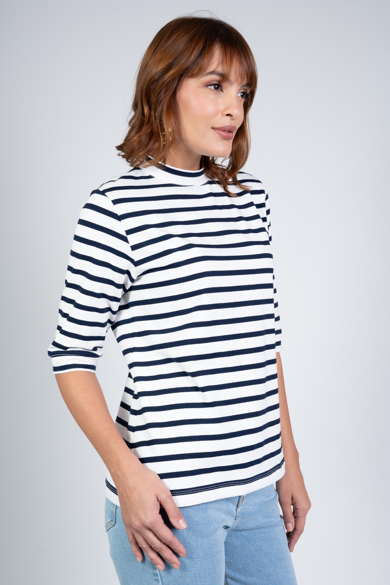 Camiseta Listrada Moon 3/4 Gola Média Marinho