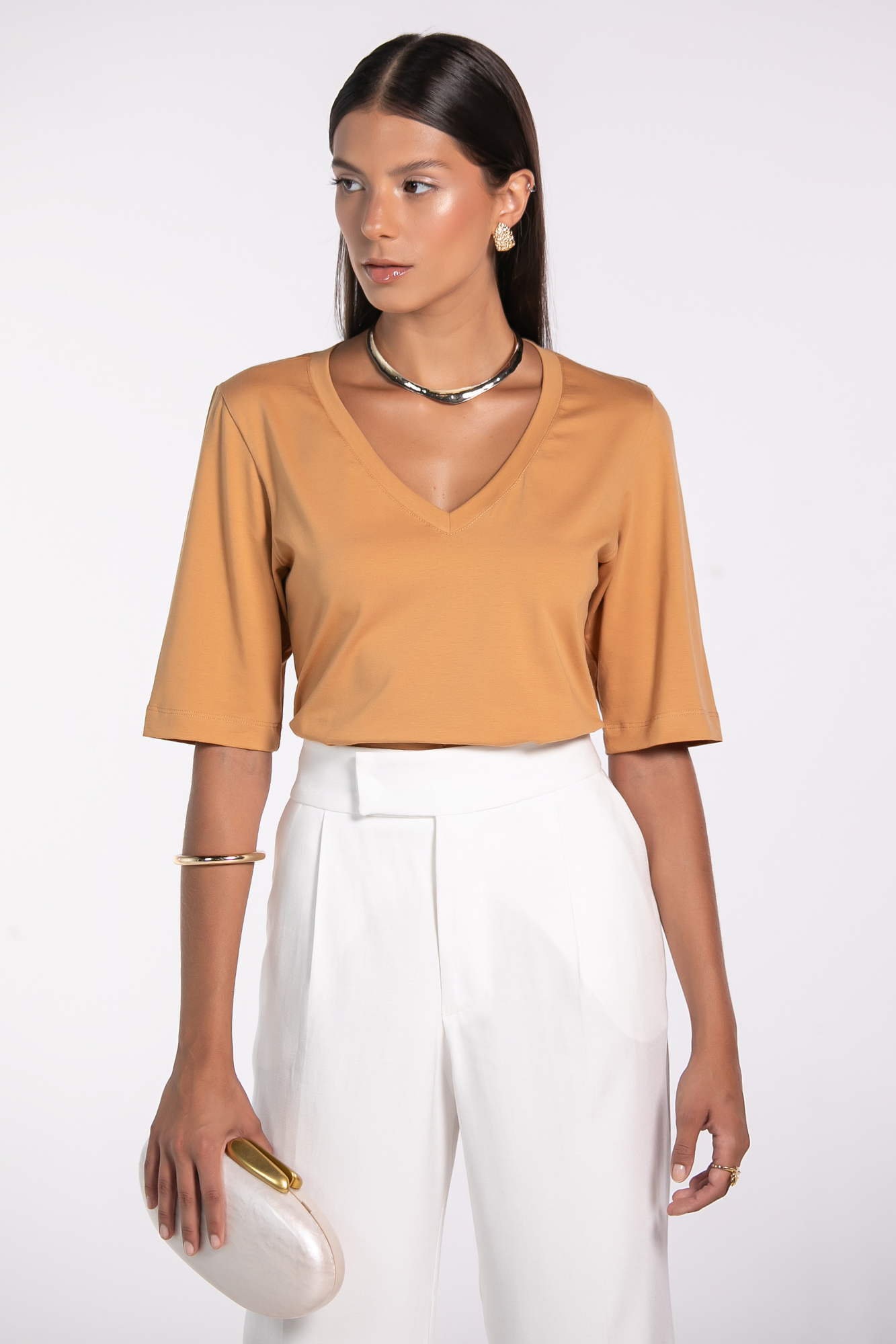 Camiseta Moon 3/4 Gola V Caramelo