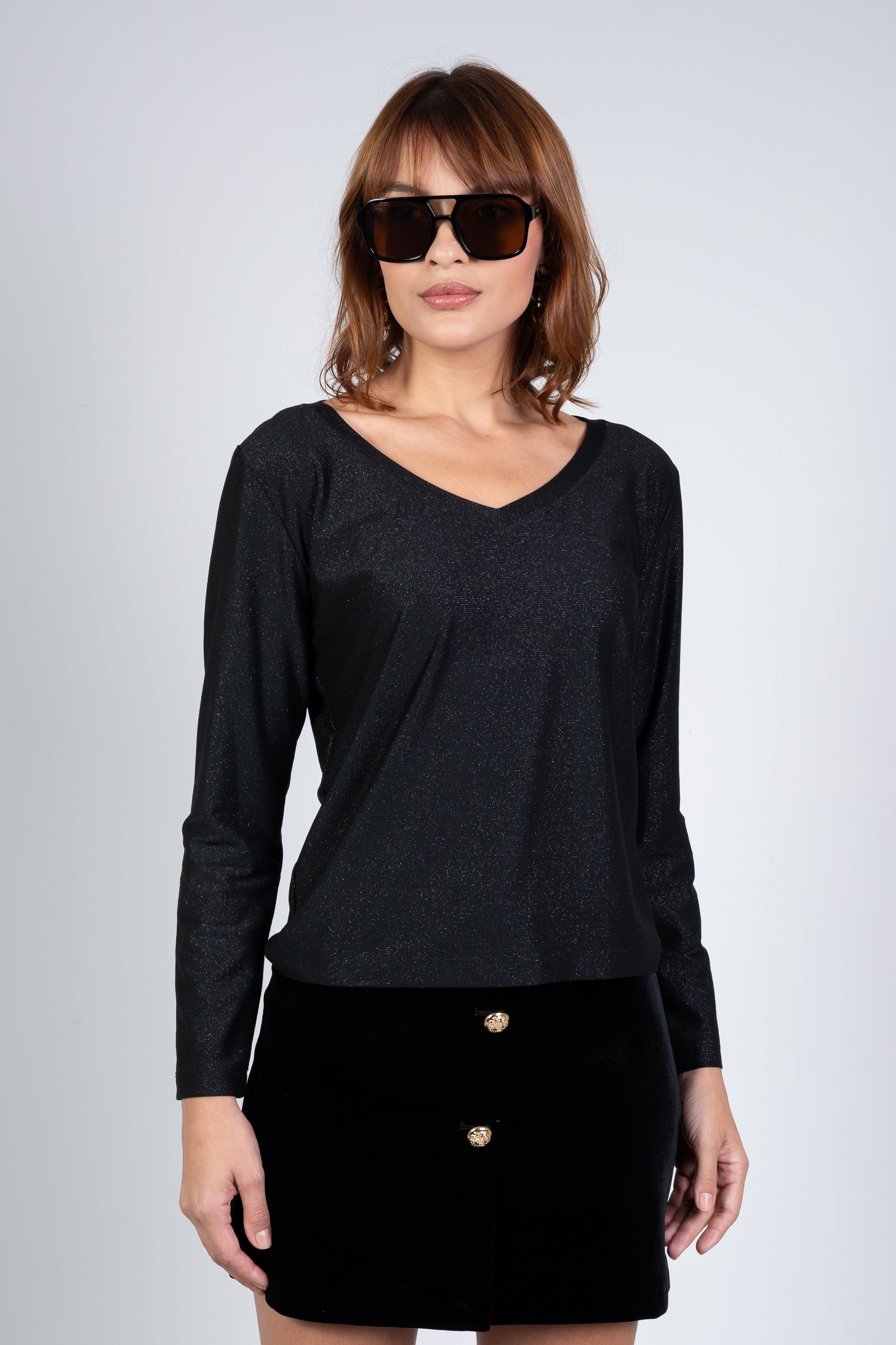 Blusa Modal Moon Relax Gola V Preto Glitter