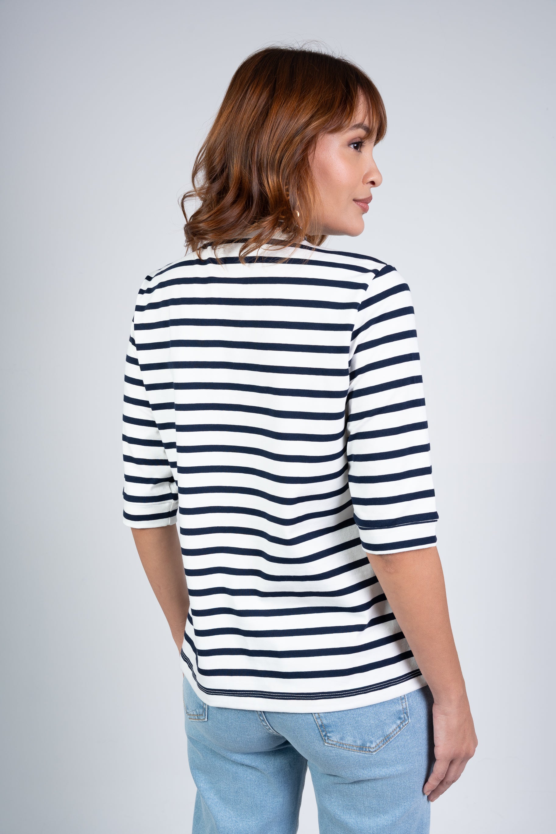Camiseta Listrada Moon 3/4 Gola Média Marinho