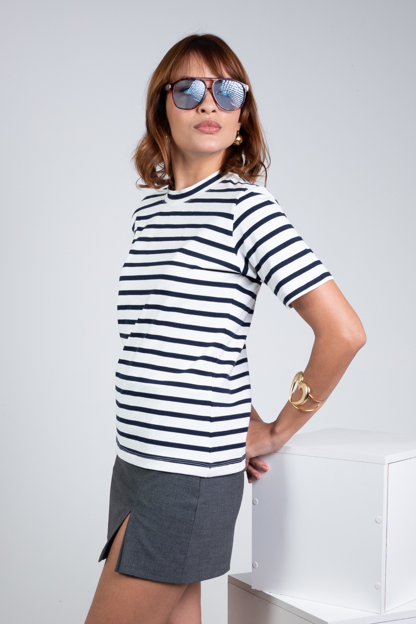 Camiseta Listrada New Moon Gola O Marinho