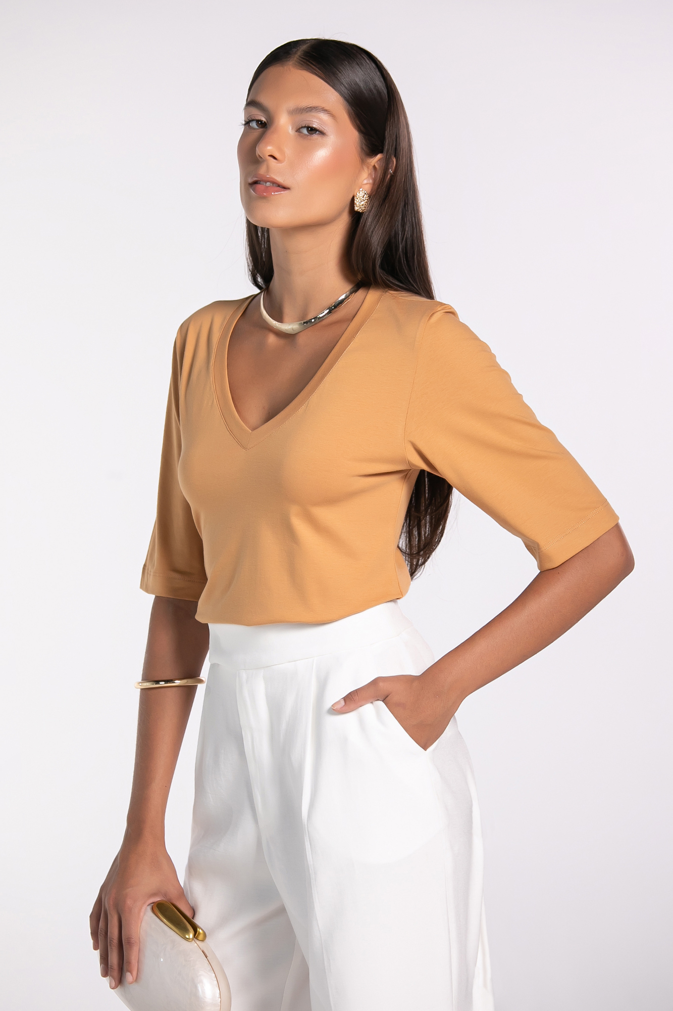 Camiseta Moon 3/4 Gola V Caramelo