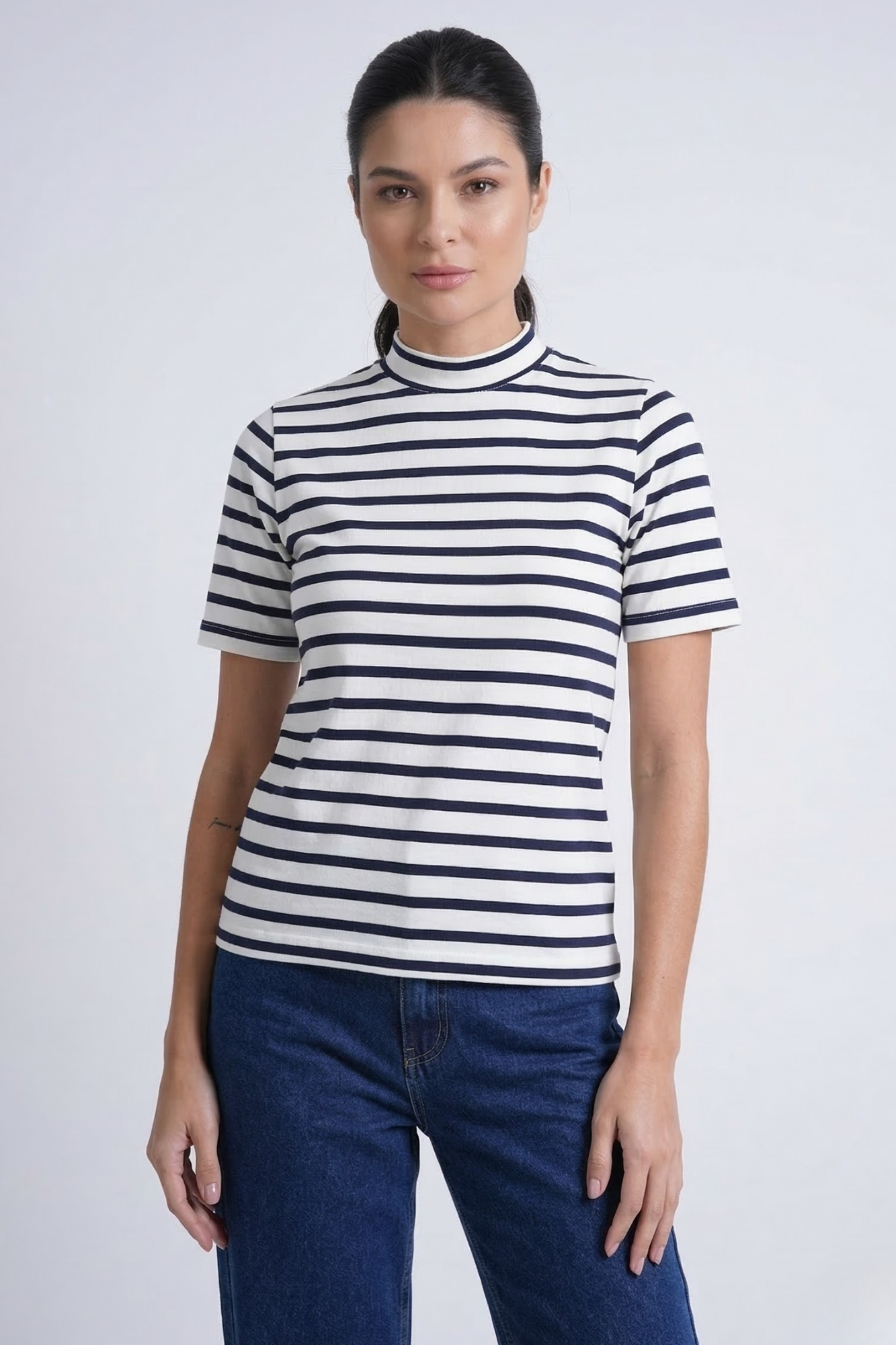 Camiseta Moon Gola Alta Listras Marinho