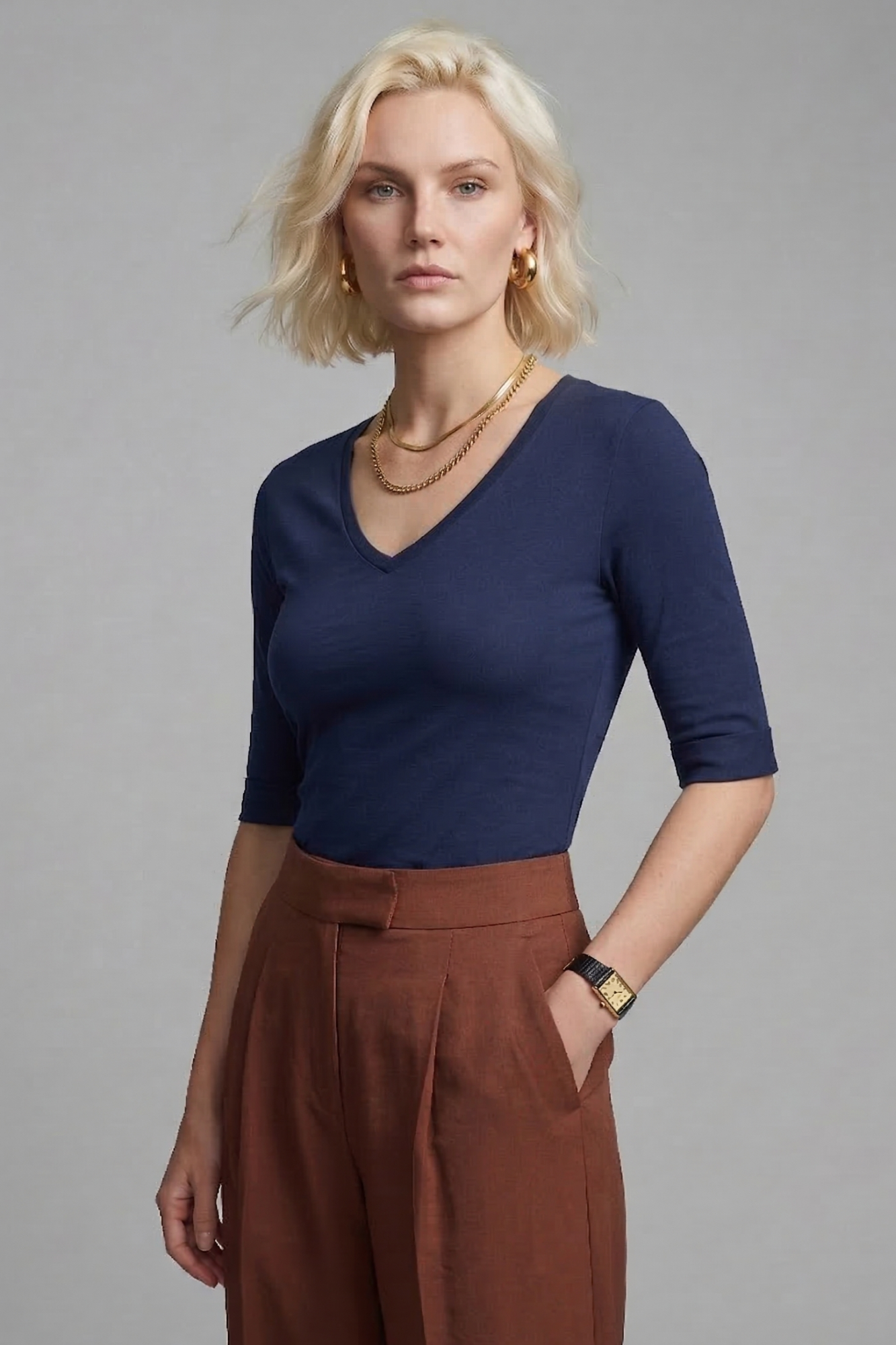 Camiseta Slim Moon 3/4 Gola V Marinho