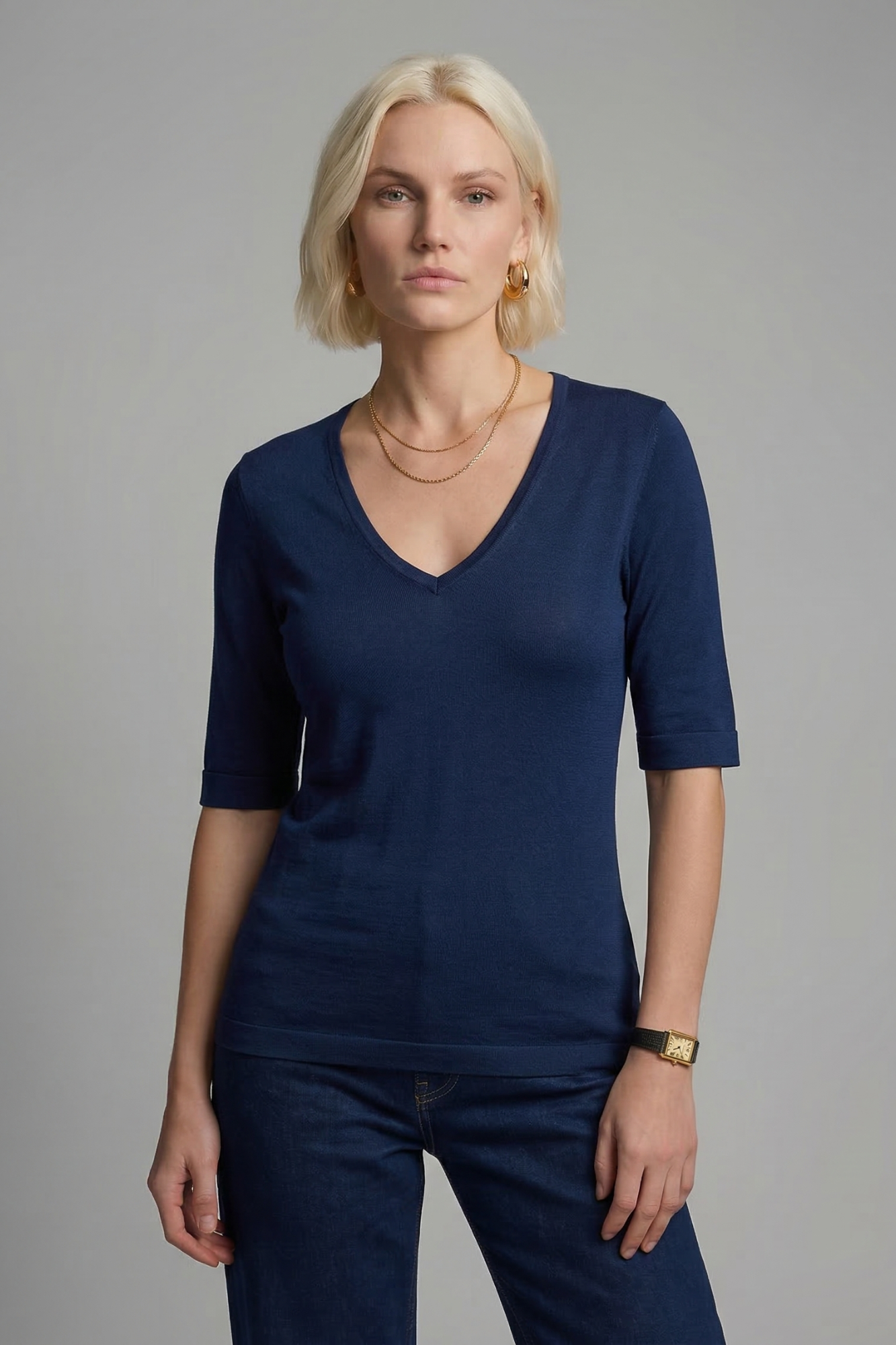 Camiseta Slim Moon 3/4 Gola V Marinho