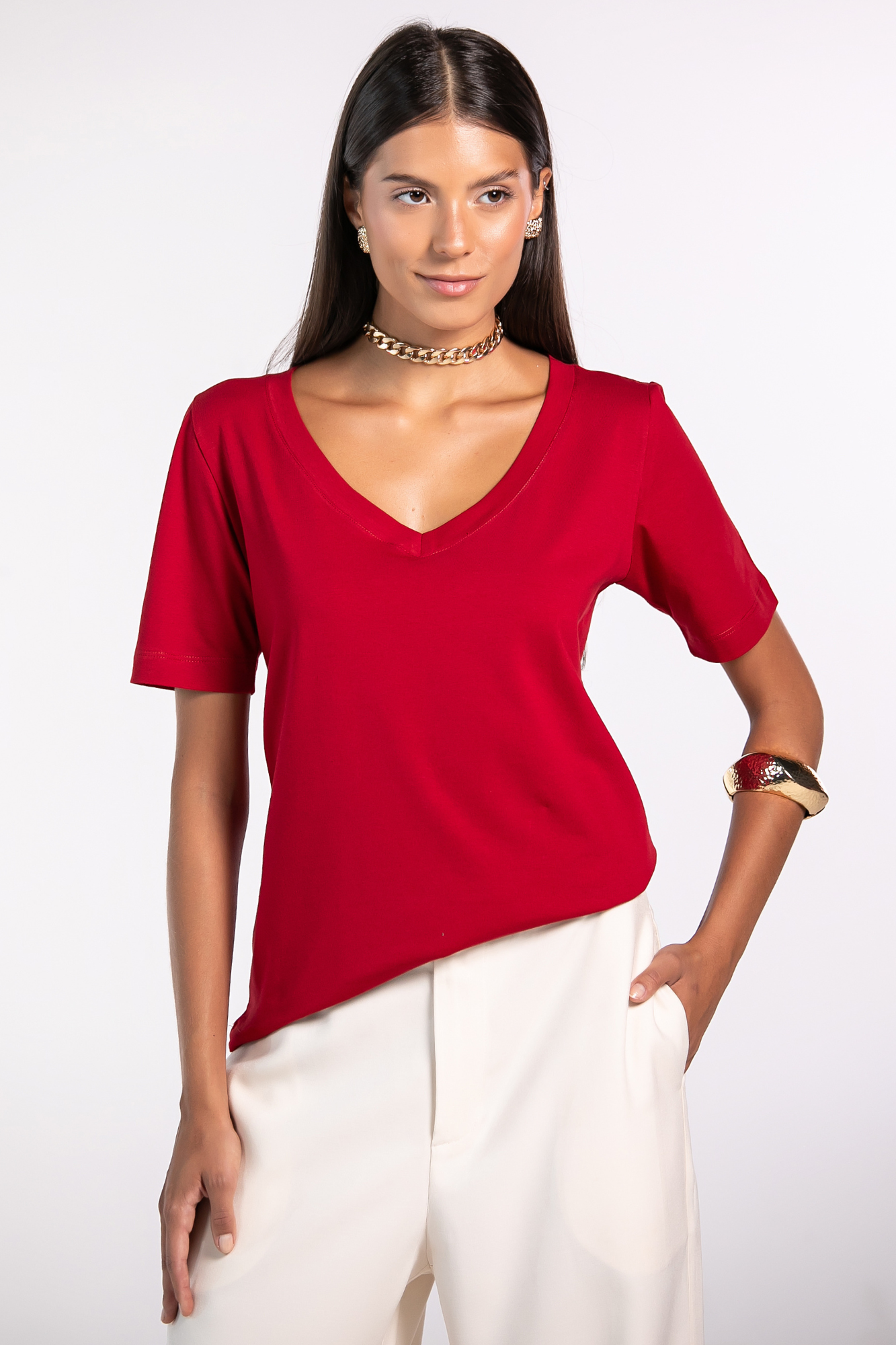 Camiseta Lisa New Moon Gola V Bold Red