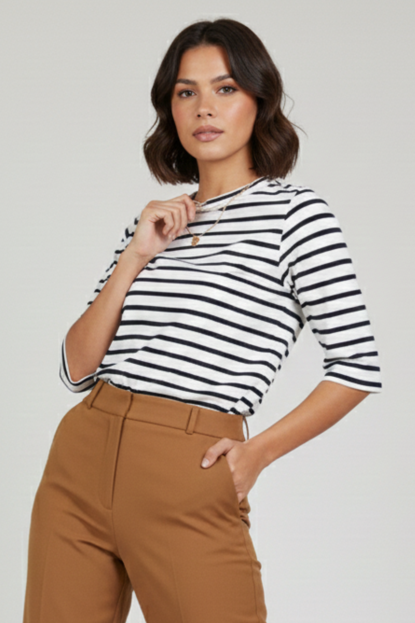 Camiseta Listrada Moon 3/4 Gola Média Marinho