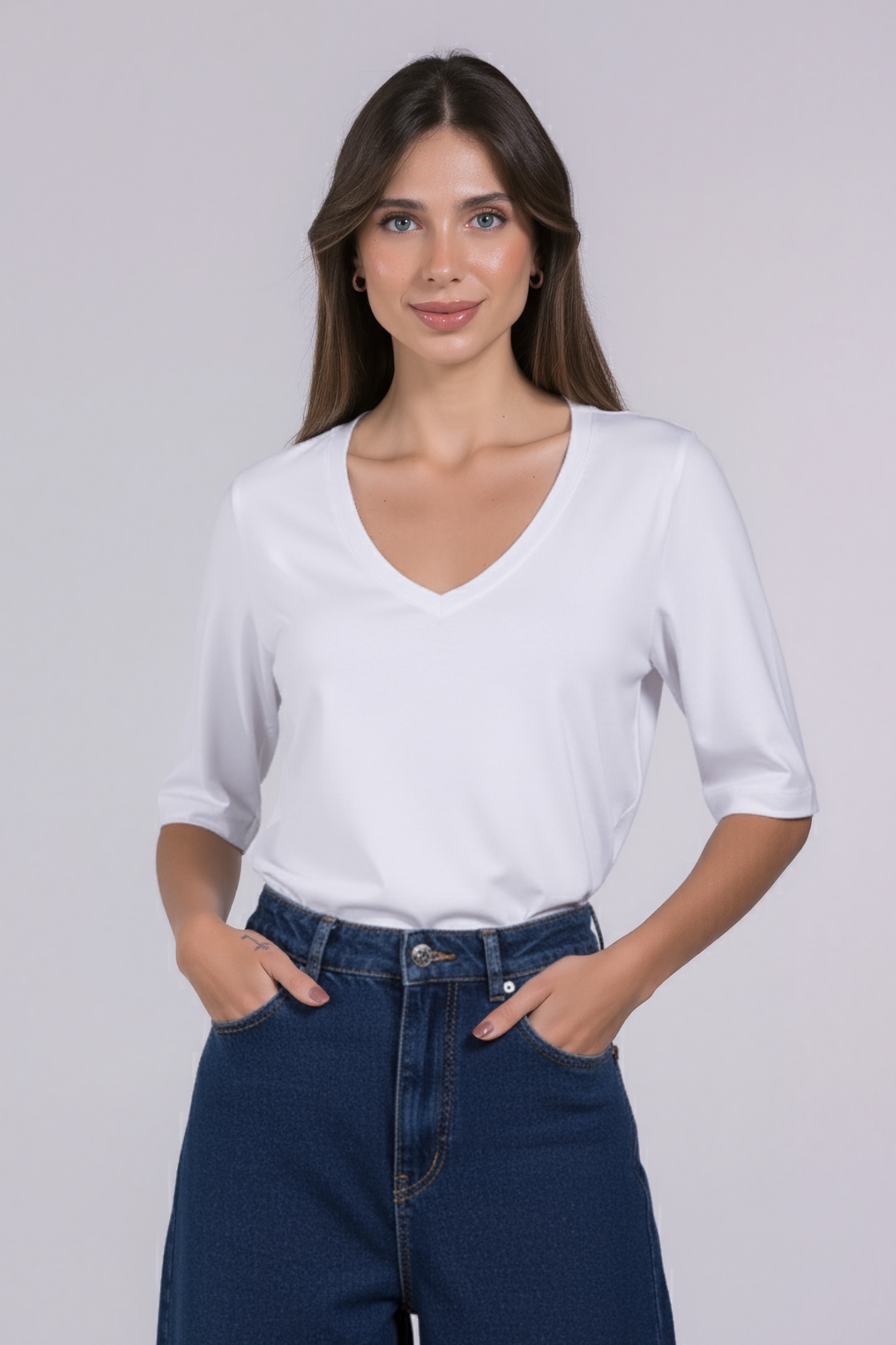 Camiseta Moon 3/4 Gola V Branca