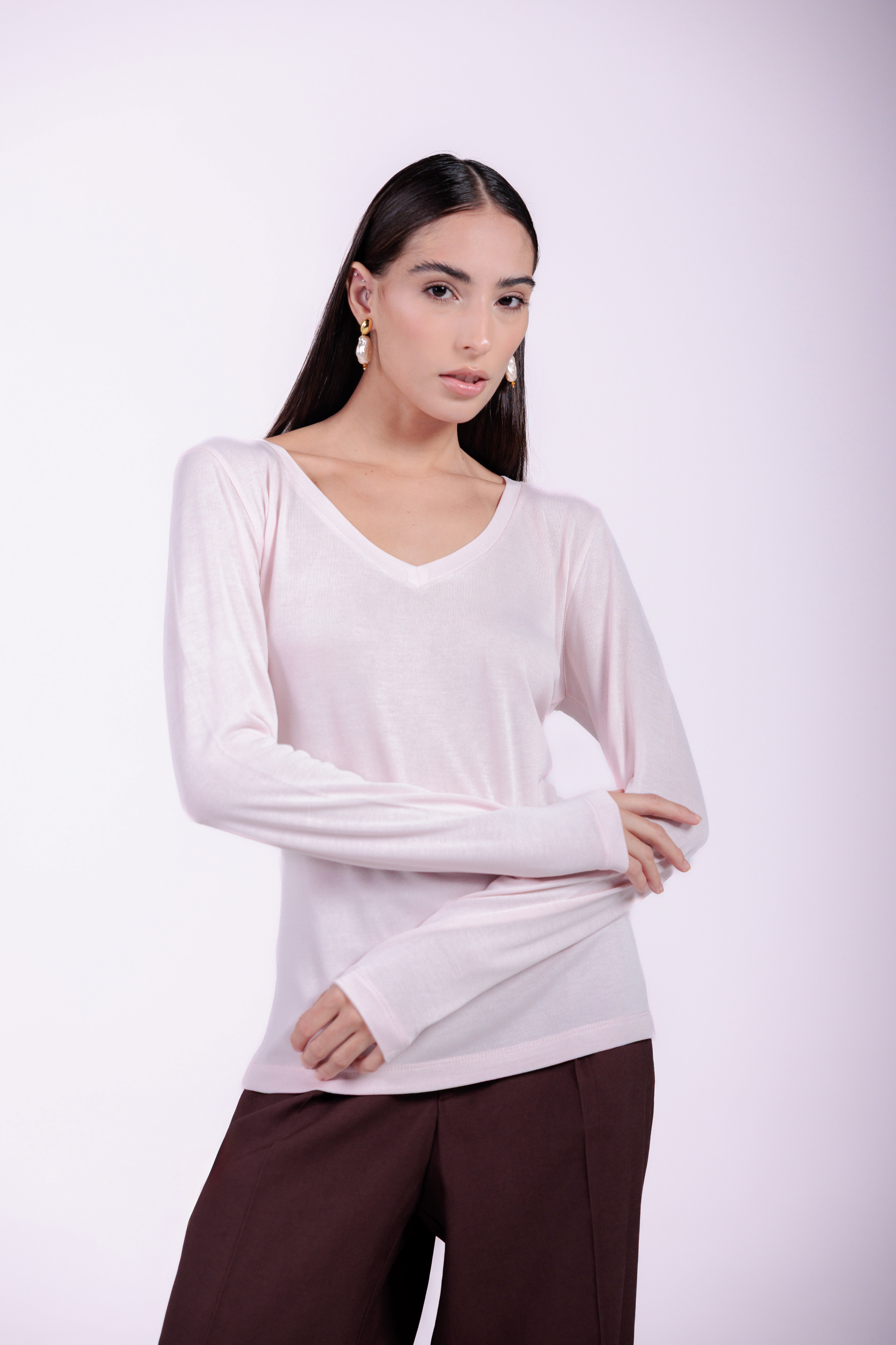 Blusa Manga Longa Modal Moon Gola V Rosa