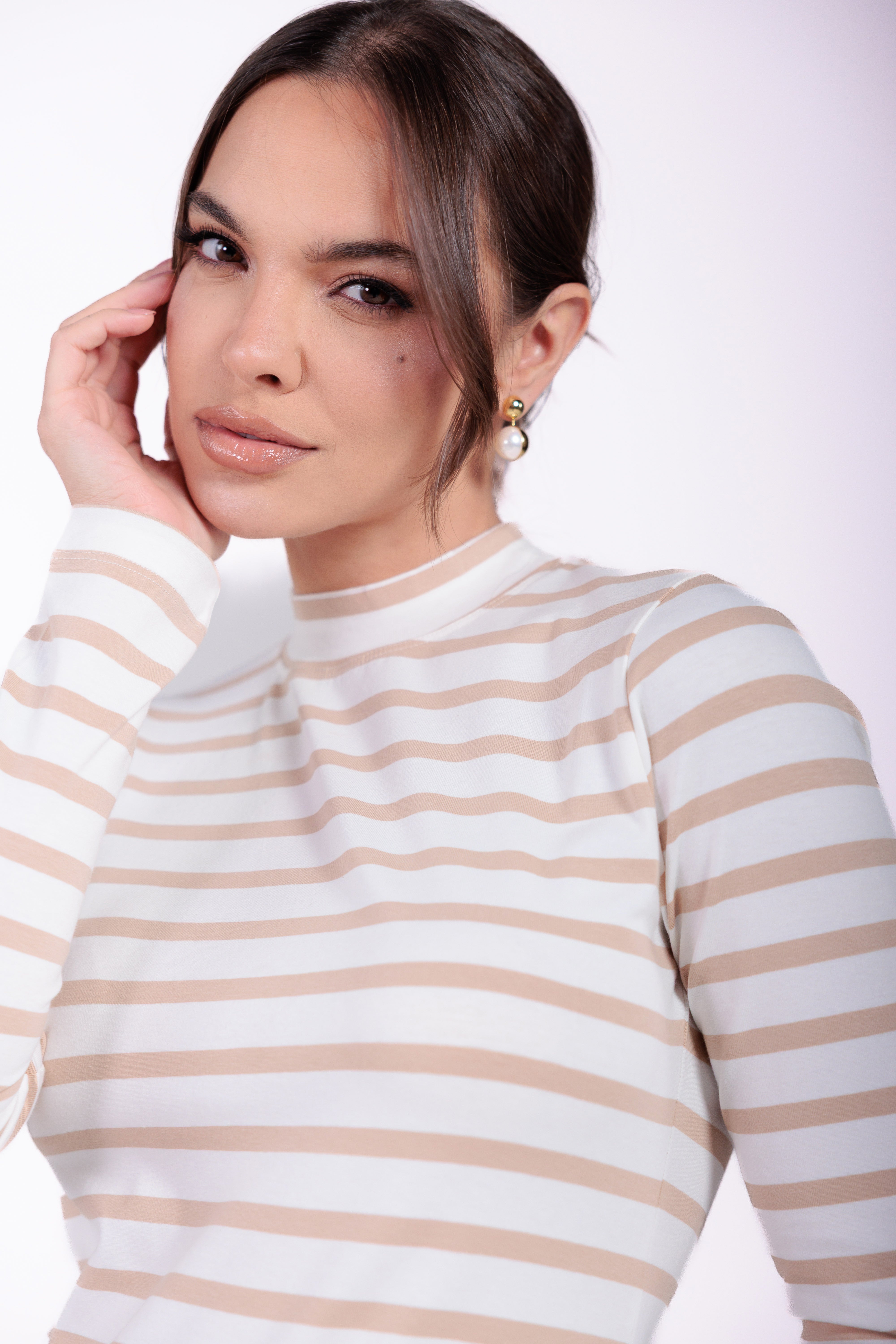 Blusa Moon Gola Média Listras Mocha