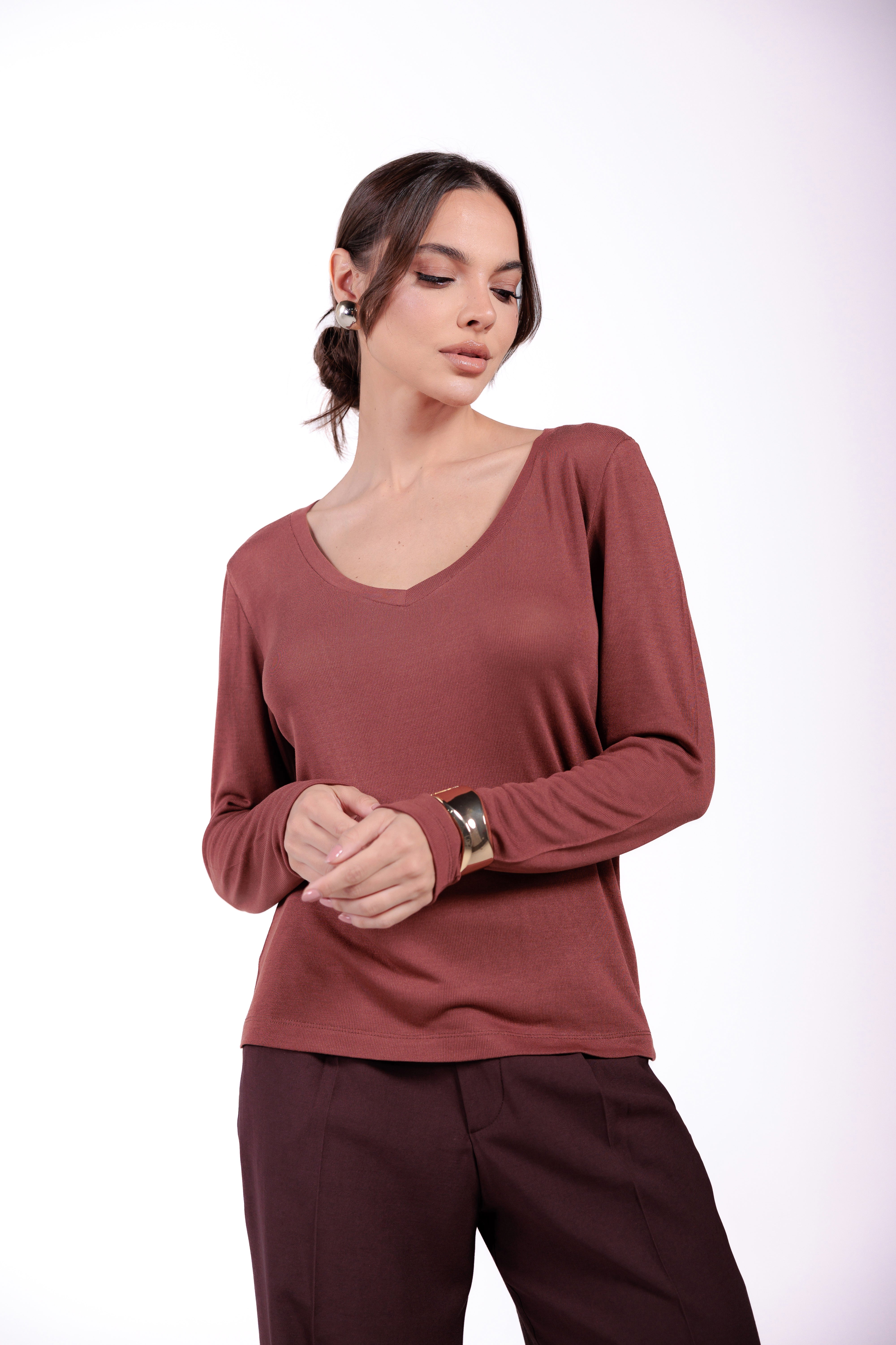 Blusa Manga Longa Modal Moon Gola V Marrom