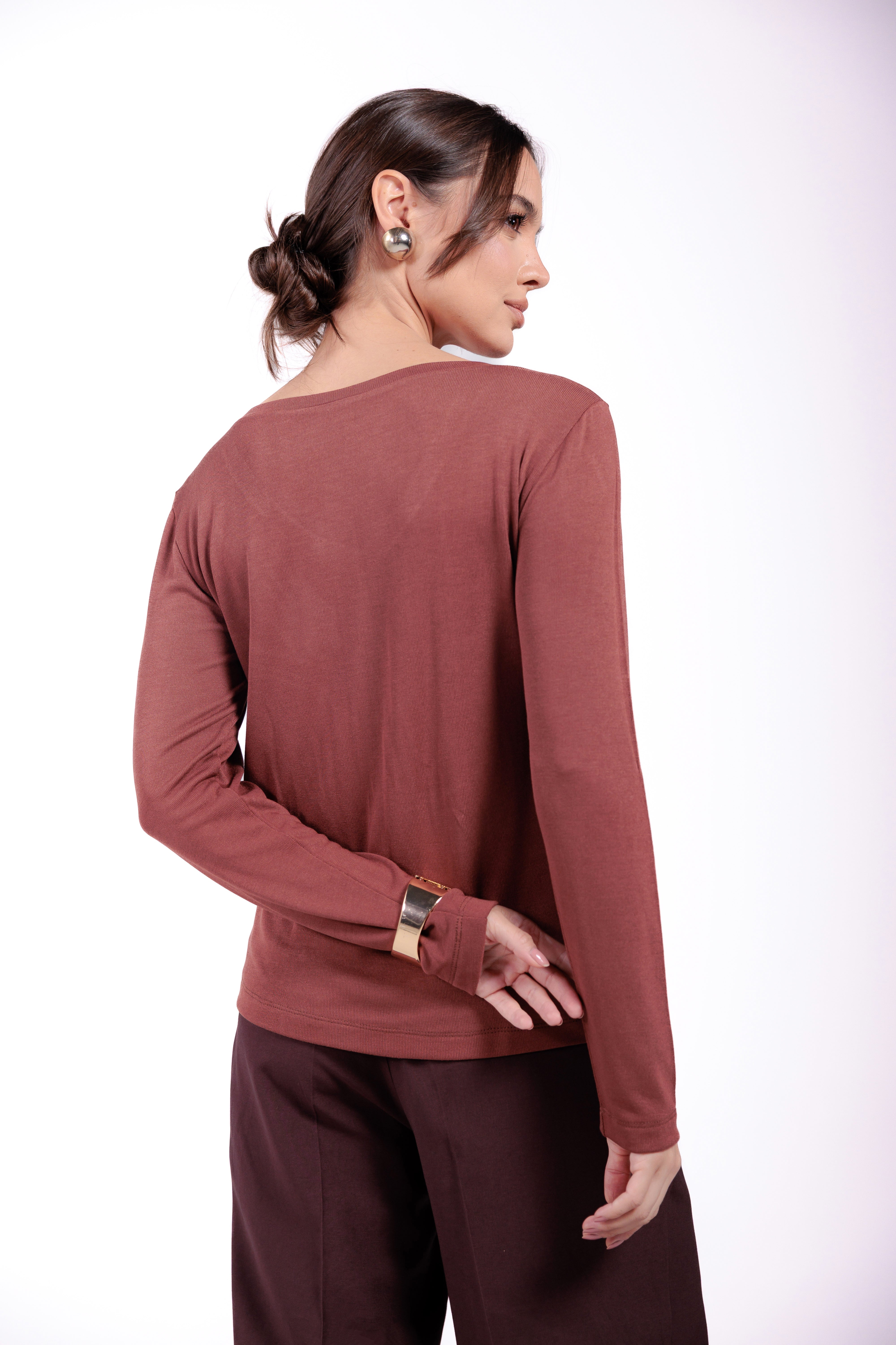 Blusa Manga Longa Modal Moon Gola V Marrom