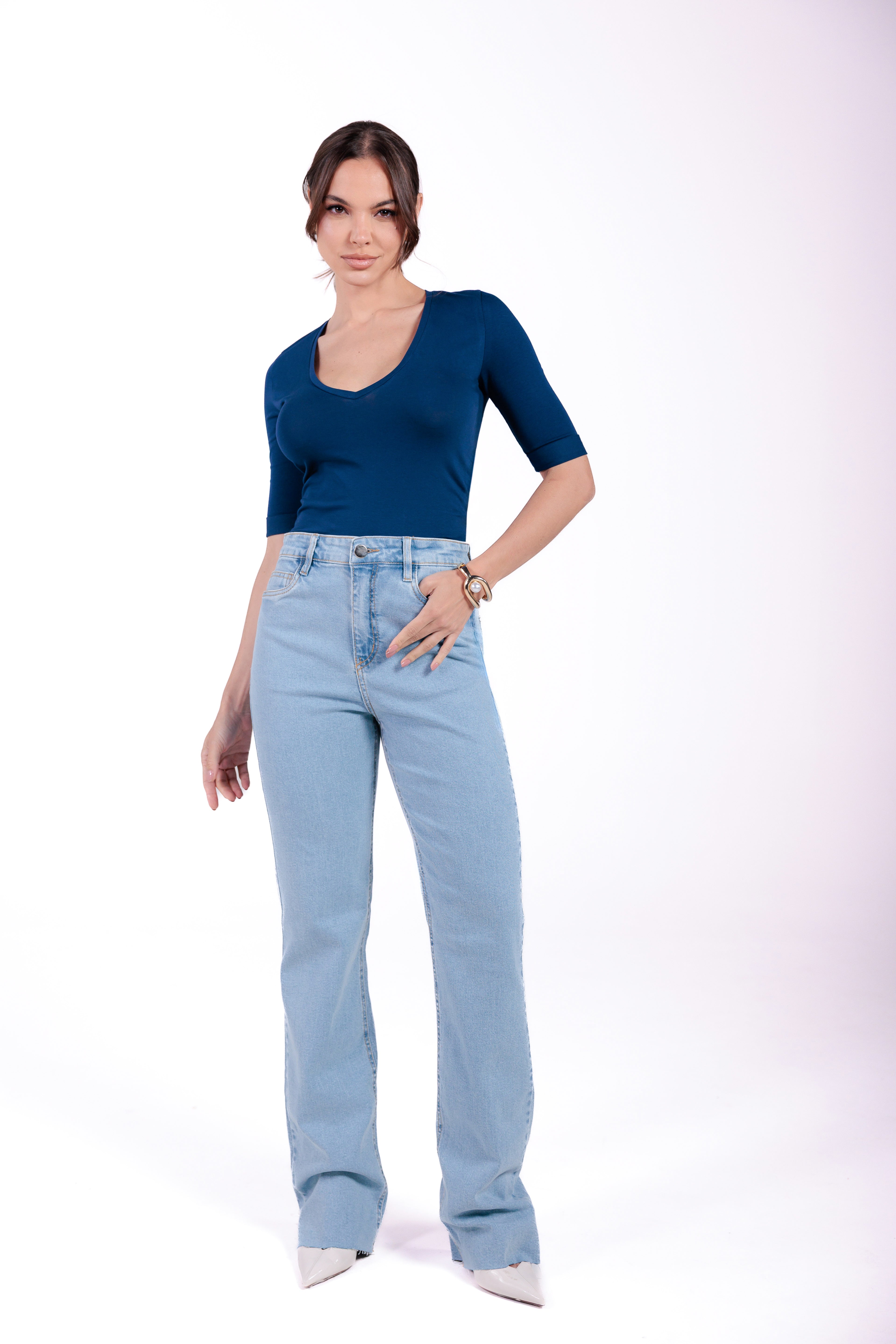 Camiseta Slim Moon 3/4 Gola V Marinho