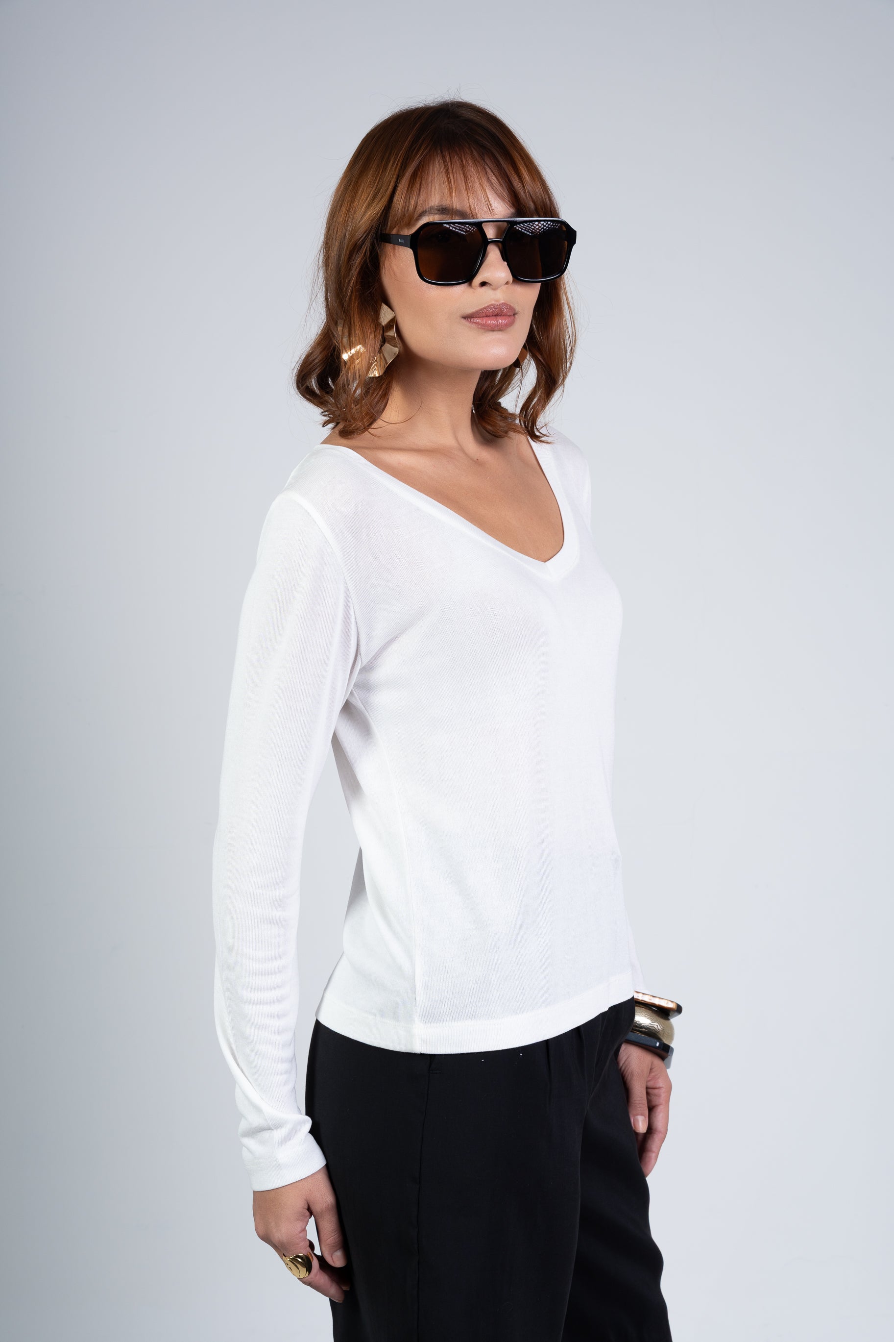Blusa Manga Longa Modal Moon Gola V Off-white