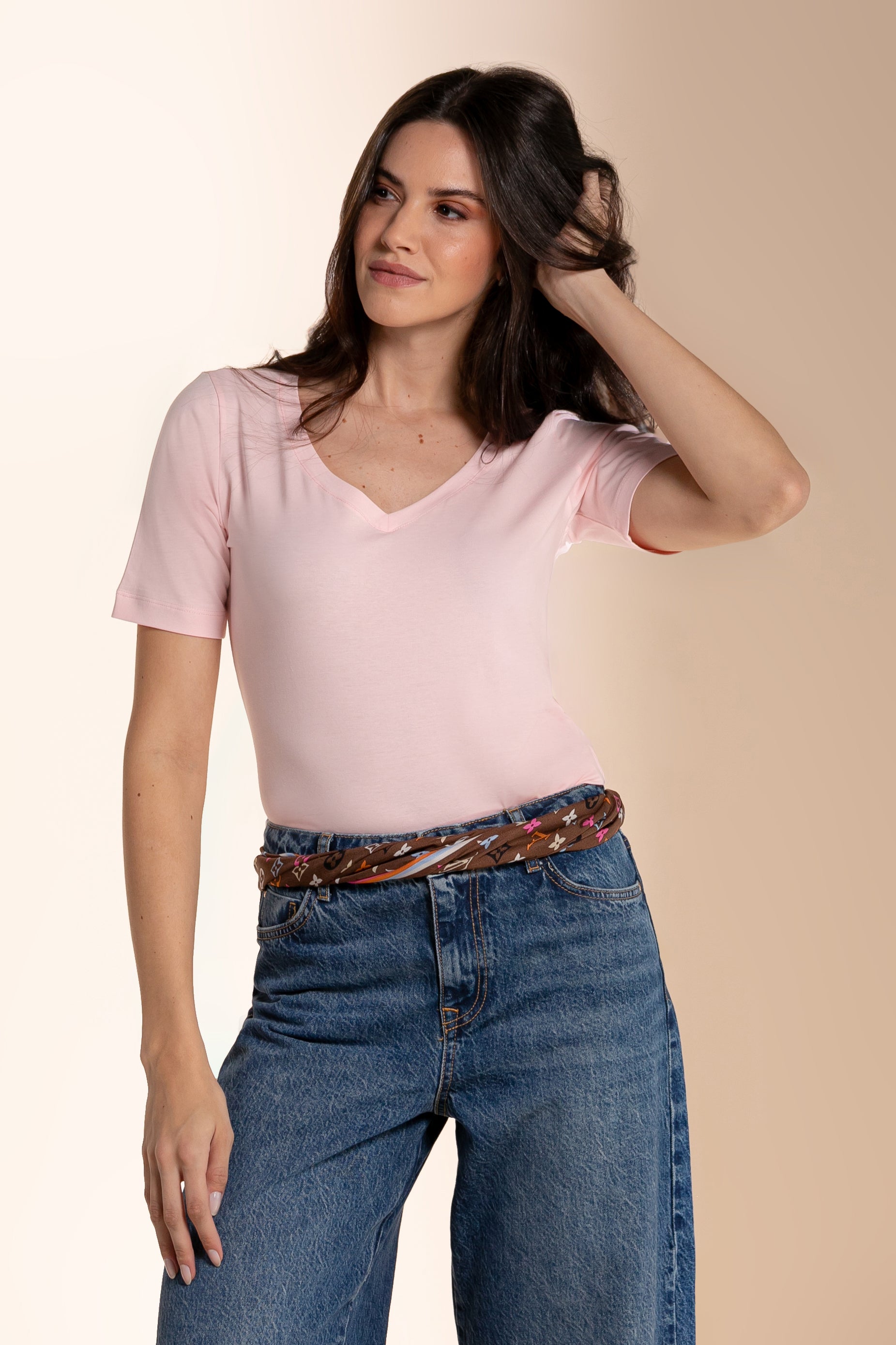 Camiseta Lisa New Moon Gola V Cotton Pink